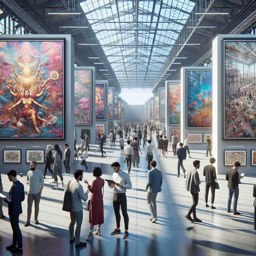 Unlocking Creativity: Exploring Digital Art Marketplaces Today 2 Bustling digital art marketplaces scene indoors.