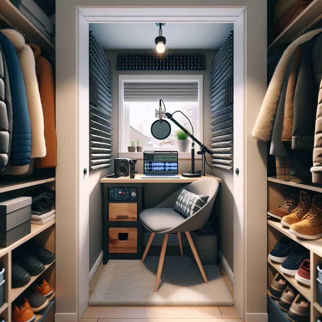 Master the Magic: Transform Your Space Into a Home-Based Podcasting Setup 2 Cozy home-based podcasting setup in closet.