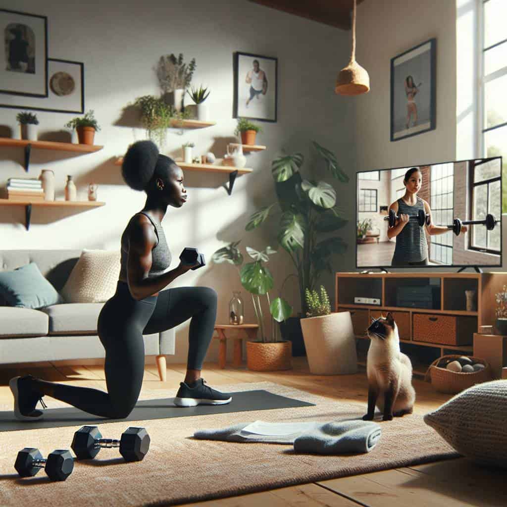Home workout routines in cozy living room.